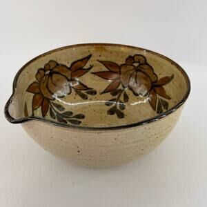 Handmade Studio Art Pottery Soup Bowl W/ Utensil Holder Brown Floral Signed